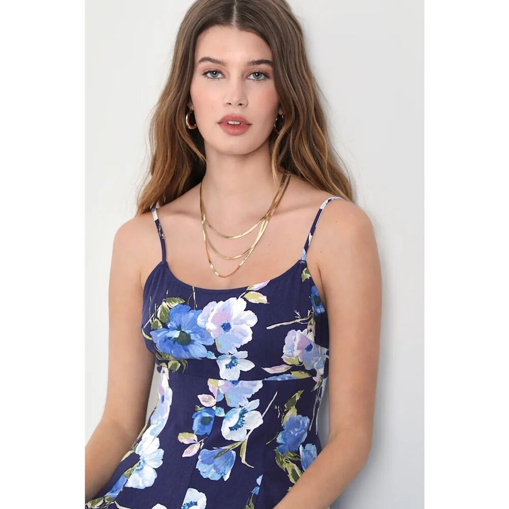 Lulus Mini Dress Womens XS Blue Floral Linen Blend Fit Flare Cottagecore NWT - Picture 3 of 16